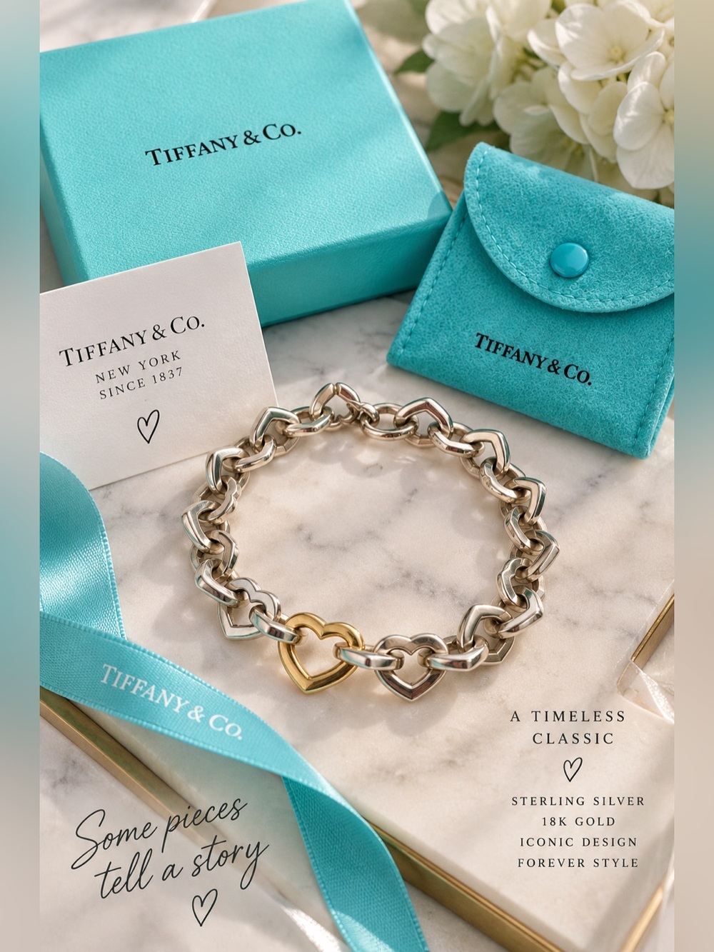 Vintage Tiffany & Co. 2000 Heart Link Bracelet Sterling Silver 18K Gold 7.5